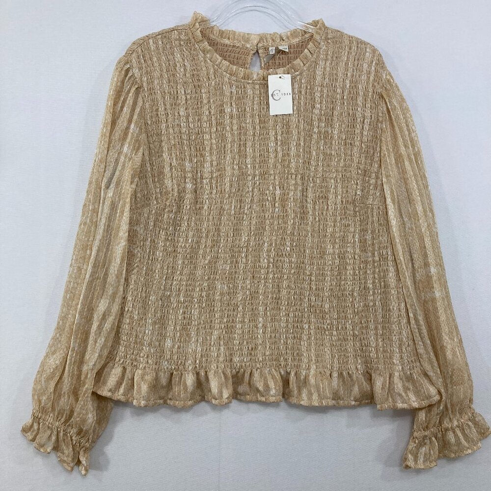 New C Est. 1946 size 22/24 Beige Tan Smocked Ruffle Blouse Feminine Romantic